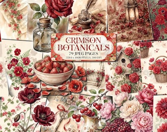 Strony dziennika śmieci CRIMSON BOTANICALS, papier vintage z motywem walentynek i miłości, cyfrowy album ze zdjęciami romantycznych róż, efemeryda z makami i antycznymi grafikami