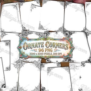 Peut inclure: Plusieurs feuilles de papier blanc avec des coins noirs ornés. L'image comprend une enseigne centrale avec "ORNATE CORNERS", "96 PNG" et les dimensions en pixels. Le style est vintage, idéal pour le scrapbooking numérique ou les projets de design.