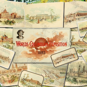 World's columbianische Ausstellung 1893 - Set von 17 alten Illustrationen von vintage Buchbildern Bildern Seite 8,5x11 Digitaldruck Palastgebäuden