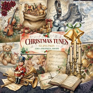 Pagine di junk journal con melodie natalizie, carta stampabile vittoriana, foglio di carta digitale con spartiti musicali, sfondi con note musicali, paesaggio invernale