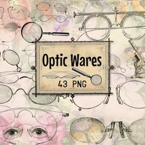 May include: A collage of vintage optical tools and eyewear, including eyeglasses, magnifying glasses, and a microscope. The central image features a sign that reads "Optic Wares" with the text "43 PNG". The illustrations are in black and white.