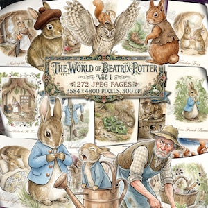 May include: A collection of illustrations from "The World of Beatrix Potter, Vol. 1." The images feature watercolor-style drawings of rabbits, squirrels, an owl, and other woodland creatures. The text on the banner reads "272 JPEG PAGES, 3584x4800 PIXELS, 300 DPI."