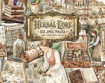 HERBAL LORE Junk Journal Printable Kit, Botanische Vintage Papiere, viktorianischer Apotheker, digitales Grimoire Seiten Ephemera, Heilmittel
