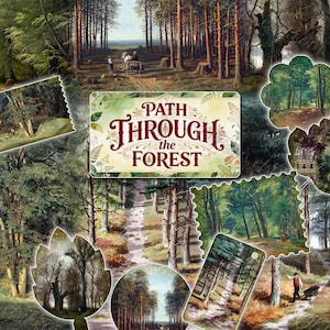 Path Through the Forest Vintage Landscape Digital Ephemera Set, Classical Woodland Art, Junk Journals, Pine Tree, Printable Collage Sheets