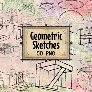 以下が含まれることがあります： 立方体、円柱、その他の 3D 形状を含む、白黒の幾何学的スケッチのコレクション。画像には、「Geometric Sketches 50 PNG」と書かれた看板が花柄の背景に表示されています。これらのスケッチは、アートプロジェクトに最適です。