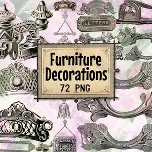 May include: A collection of vintage furniture decorations in black and white, including handles, ornate brackets, and decorative elements. The image features a sign that reads "Furniture Decorations 72 PNG".