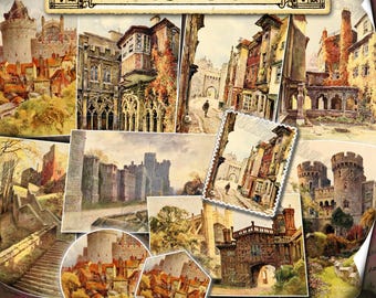 Windsor Castle Vintage akvarell illustration, kunglig arkitektur, natursköna engelska landskap, digitala papper, skräpjournaler, efemera-kit