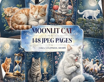 MOONLIT CAT Junk Journal Kit, Cat Journal Pages, Cat Digital Paper, Kitten Junk Journal, Cat Scrapbook Paper, Floral Cat Ephemera, Clipart