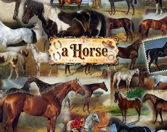 Digitales Vintage-Pferde-Set, Ölgemälde mit Pferdemotiven, antike Tier-Ephemera, viktorianische Pony-Illustration, druckbare Journal-Seiten, Karte