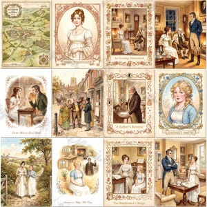 May include: A collection of twelve illustrated cards featuring scenes and portraits from Jane Austen's Emma. The images include a map of Highbury, portraits of Emma Woodhouse and Harriet Smith, and various interior and exterior period scenes.