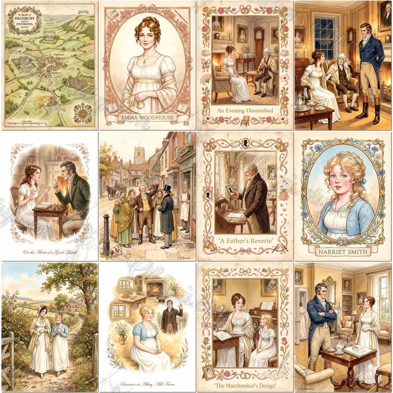 May include: A collection of twelve illustrated cards featuring scenes and portraits from Jane Austen's Emma. The images include a map of Highbury, portraits of Emma Woodhouse and Harriet Smith, and various interior and exterior period scenes.