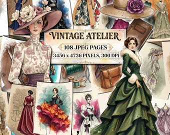 VINTAGE ATELIER Junk Journal Kit, Dressmaker Printable Page, Women's Fashion, Dress Sewing Decoupage, Tailoring Sketches, Retro Couture