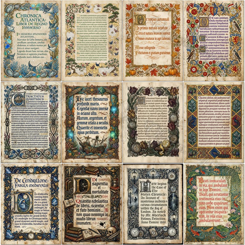 ILLUMINATED MANUSCRIPTS Digital Papers, Medieval Botanical Pages, Junk ...