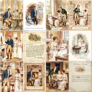 May include: A collection of twelve vintage-style illustrations depicting Regency-era scenes with men in tailcoats and women in empire-waist gowns, including handwritten letters with cursive text like A Most Obliging Errand and Elton Will Not Do.