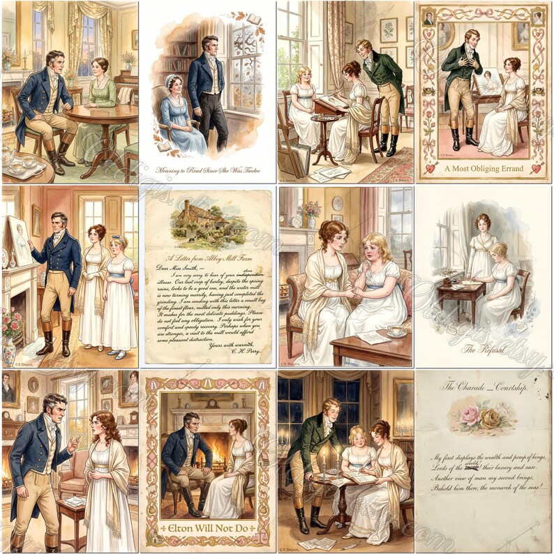 May include: A collection of twelve vintage-style illustrations depicting Regency-era scenes with men in tailcoats and women in empire-waist gowns, including handwritten letters with cursive text like A Most Obliging Errand and Elton Will Not Do.