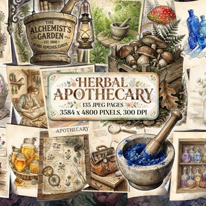 ハーブ薬草のジャンクジャーナルページ、ヴィンテージのエフェメラ、ポーションと薬、薬局印刷可能なダークアカデミアの魔女の錬金術グリモア、植物