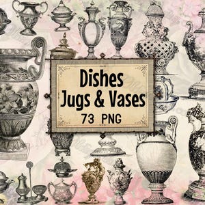 May include: A collection of vintage-style dishes, jugs, and vases in black and white. The image includes various shapes and sizes, with ornate details and floral patterns. A sign reads "Dishes, Jugs & Vases 73 PNG".