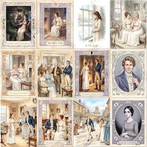 May include: A collection of twelve illustrated cards featuring scenes and portraits inspired by Jane Austen's Emma. Each card displays detailed period clothing, interior settings, and character names like Frank Churchill and Jane Fairfax in ornate frames.