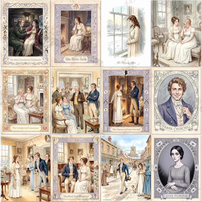 May include: A collection of twelve illustrated cards featuring scenes and portraits inspired by Jane Austen's Emma. Each card displays detailed period clothing, interior settings, and character names like Frank Churchill and Jane Fairfax in ornate frames.