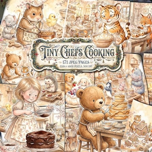 Puede incluir: Un collage de ilustraciones en acuarela con animales y niños cocinando. La imagen central dice "Tiny Chefs Cooking" con detalles sobre las páginas JPEG y la resolución incluidas. Las ilustraciones representan varios animales horneando y preparando comida.