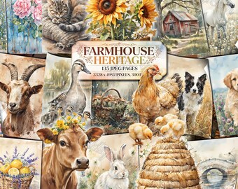 FARMHOUSE HERITAGE Junk Journal Pages, Spring Junk Journal Kit, Rustic Farm Digital Papers, Whimsical Ephemera, Vintage Scrapbook Papers