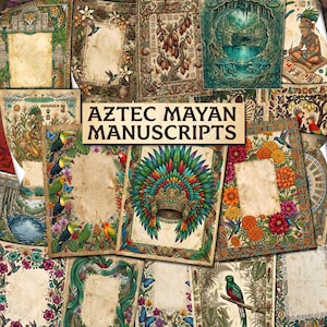 Puede incluir: Una colección de hojas de papel rectangulares con bordes decorativos que presentan ilustraciones de aves tropicales, flores, mariposas y figuras antiguas. El texto central dice AZTEC MAYAN MANUSCRIPTS en letras mayúsculas negras sobre fondo beige.