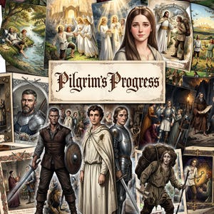 Może przedstawiać: Kolaż ilustracji przedstawiających sceny z Pilgrim's Progress, z postaciami w średniowiecznych strojach, zbrojach i szatach, oraz centralnym prostokątnym znakiem z napisem Pilgrim's Progress ozdobną brązową czcionką.