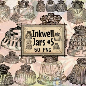 May include: An assortment of vintage inkwell jars in various shapes and sizes, rendered in a detailed, engraved style. The image includes a sign that reads "Inkwell Jars #5 50 PNG". The jars feature ornate lids and decorative glass designs.