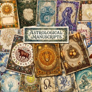 Könnte beinhalten: Eine Sammlung rechteckiger Karten mit komplexen Illustrationen von Sternzeichen, Himmelskörpern und Tierkreissymbolen. Die mittlere Karte zeigt den Text "ASTROLOGICAL MANUSCRIPTS" in einer dekorativen Schrift, umgeben von detaillierten Darstellungen eines Löwen, eines Stiers und verschiedener Planetendiagramme auf gealtertem, pergamentartigem Papier.