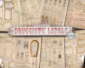 Druggists' Labels #12 Antique Vintage Pharmacy Ephemeram Old Medicine Bottle Graphics for Junk Journaling, Victorian Apothecary Designs