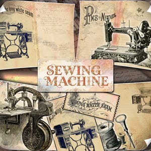 Sewing Machine Vintage Digital Backgrounds, Antique Journal Kit, Grunge Treadle Illustrations, Old Script, Victorian Tailor Scrapbooking Art