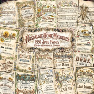 Può includere: Un collage di copertine di spartiti vintage con disegni floreali e ornati. L'immagine centrale recita "Nostalgic Home Melodies" e include testo sul numero di pagine e sulla risoluzione. Le copertine presentano titoli come "Dreams of Home" e "My Home is the Sea."