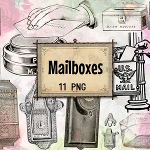 May include: A collection of 11 vintage-style mailboxes in various designs. The mailboxes are in black and white with intricate details. Some mailboxes have the words "Letters" and "Bank Notices" printed on them. The mailboxes are perfect for adding a touch of vintage charm to your home decor.