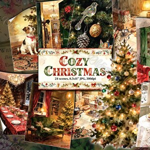 Cozy Christmas Vintage Watercolor Interiors, Living Rooms, Fireplaces, Festive Dining Scenes for Holiday Junk Journals & Winter Themed Art