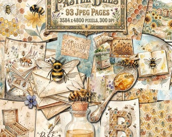 Páginas de diario de abejas pastel, papeles de apicultor, acuarela vintage caprichosa, colmena rústica, panal, láminas florales de miel, abeja imprimible