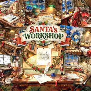 Santa's Workshop Christmas Junk Journal Pages, Printable Digital Clipart Kit, Vintage Ephemera, Winter Wonderland Scenes, Storybook 11x8.5