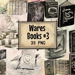May include: A collage of vintage books with various titles and designs. The image includes a sign that reads "Wares Books #3 39 PNG". The books are in various sizes and colors, with some featuring illustrations and text.
