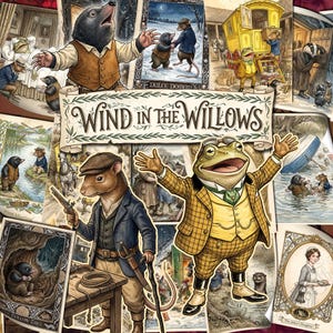 May include: A collage of Wind in the Willows illustrations featuring anthropomorphic animals like a toad in a yellow plaid suit, a rat in a blue coat, and a mole. The central banner displays the text Wind in the Willows in a decorative font.