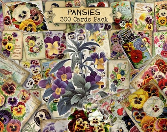 Cartões para Diário de Recortes com Amor-perfeito, Viola Tricolor, Ilustração Floral, Artigos Vintage, Jardim Vitoriano, Flores Tradicionais, Colagem para Imprimir