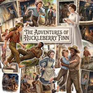 Puede incluir: Un collage de ilustraciones que representan escenas de The Adventures of Huckleberry Finn, con personajes vestidos con ropa del siglo XIX, incluidos Huckleberry Finn y Jim, con el título del libro mostrado prominentemente en el centro de la composición.