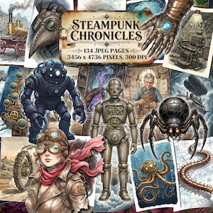 Steampunk Chroniken Junk-Journal Seiten, viktorianische industrielle druckbare Papiere, mechanische Zahnräder, Fantasy Automaton, Vintage Ephemera Kunst