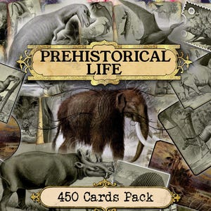 Prehistorical Life Junk Journal Pages, Extinct Animals, Mammoth Prehistoric, Dinosaurs Cards, Printable Collage Sheet, Vintage Ephemera