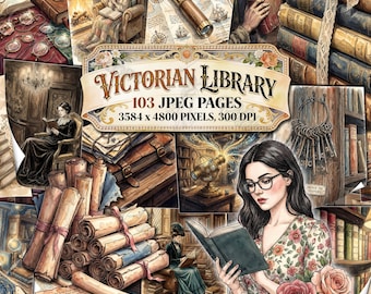 Kit per junk journal a tema biblioteca vittoriana, carte digitali ispirate a libri antichi, materiale effimero vintage, download digitale, pagine stampabili, dark academia, angolo gotico