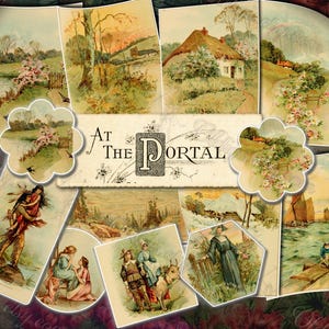 Ilustraciones antiguas del libro de cumpleaños de Longfellow en el Portal, paisajes escénicos vintage, efímeras digitales imprimibles de peregrinos nativos americanos