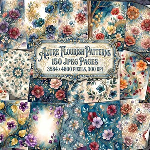 May include: A collection of floral pattern designs in various colors, including blue, red, purple, and yellow. The designs feature ornate flowers and foliage. The image includes the text "Azure Flourish Patterns" and details about the file size and resolution.
