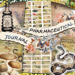 Farmaceutisch dagboek: set van 55 vellen met digitale collages van vintage ontwerpen apotheker-medicinale papillons vlinders