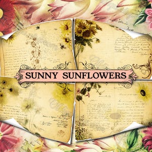 Girasoles soleados: conjunto de 28 hojas de diario basura con collages digitales de páginas gráficas de estilo vintage para escribir cartas manuscritas.