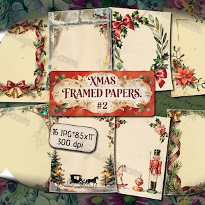Xmas Framed Papers #2 Junk Journal Pages, Printable Christmas Papers, Holly Berries Winter Magic, Watercolor Borders, Digital Download Print