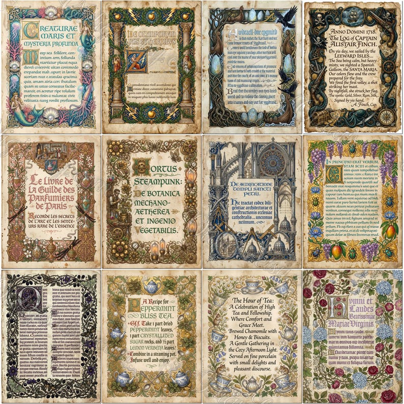 ILLUMINATED MANUSCRIPTS Digital Papers, Medieval Botanical Pages, Junk ...