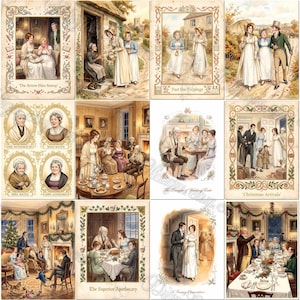 May include: A collection of twelve illustrated scenes depicting characters in period clothing, featuring interior and exterior settings with ornate borders and captions such as The Arrow Flies Astray, Past the Vicarage, and Christmas Arrivals.